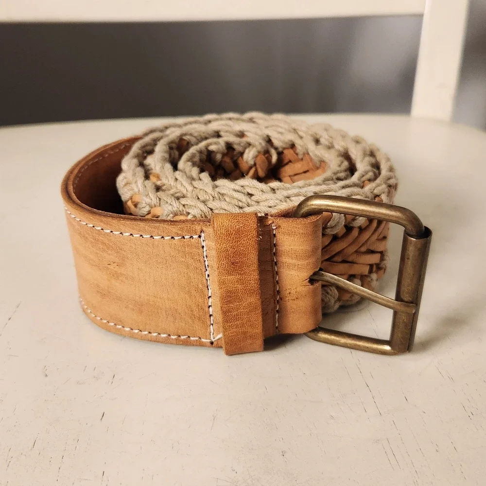 Boho Macrame Braided Leather Belt Tan Rope Chunky Brass Buckle Wide